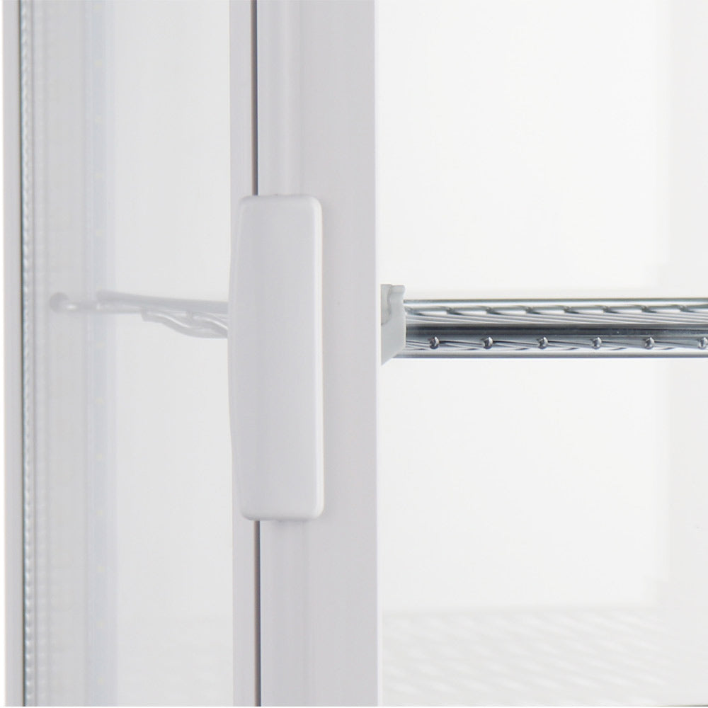 Marchia MDC78W White Countertop Refrigerated Glass Display Case with LED lighting. Features a modern white design for cooling and displaying food items with clear visibility and efficient lighting.