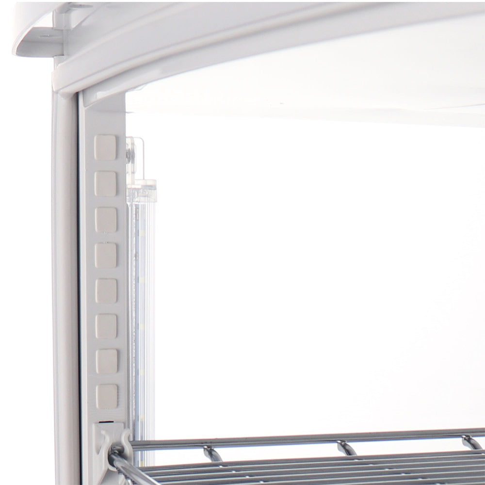 Marchia MDC78W White Countertop Refrigerated Glass Display Case with LED lighting. Features a modern white design for cooling and displaying food items with clear visibility and efficient lighting.