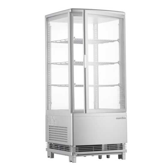 Marchia MDC78S Silver Countertop Refrigerated Glass Display Case with LED lighting. Features a sleek silver design for cooling and showcasing food items with optimal visibility and modern style.