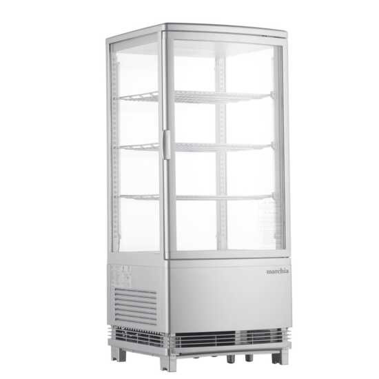 Marchia MDC78S Silver Countertop Refrigerated Glass Display Case with LED lighting. Features a sleek silver design for cooling and showcasing food items with optimal visibility and modern style.