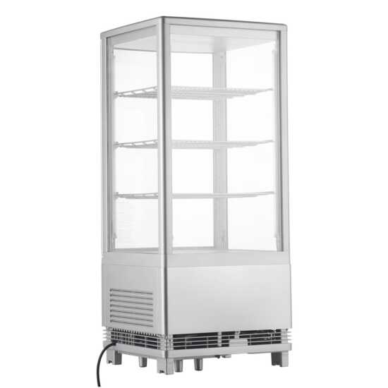 Marchia MDC78S Silver Countertop Refrigerated Glass Display Case with LED lighting. Features a sleek silver design for cooling and showcasing food items with optimal visibility and modern style.
