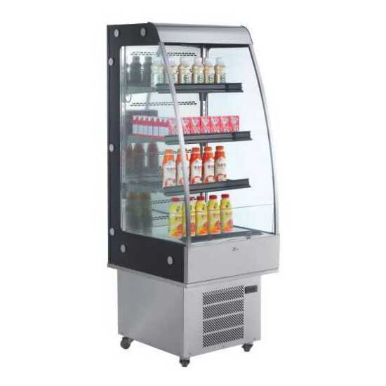 The Marchia MDS250 24" open air cooler grab-and-go display refrigerator with adjustable shelves, energy-efficient LED lighting, and easy access for convenient retail display of chilled products.