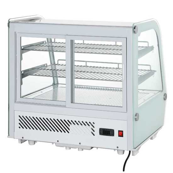 Marchia MDC121-W 28" White Countertop Refrigerated Bakery Display Case with curved glass and LED lighting. Features a sleek white design for showcasing and keeping baked goods cool and well-lit.