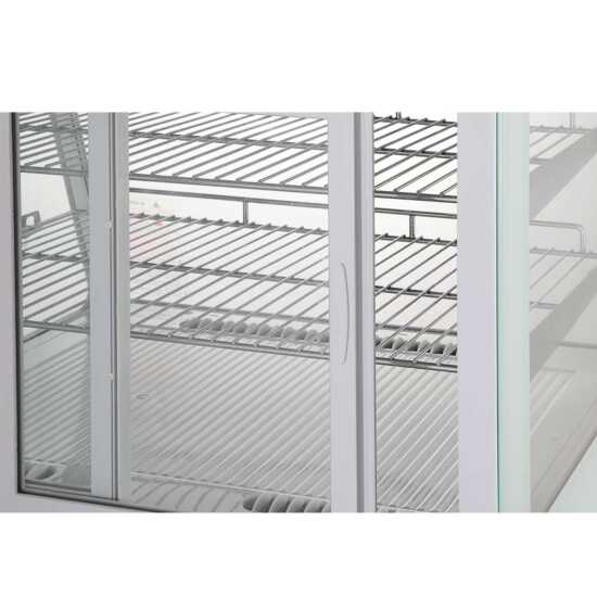 Marchia MDC121-W 28" White Countertop Refrigerated Bakery Display Case with curved glass and LED lighting. Features a sleek white design for showcasing and keeping baked goods cool and well-lit.