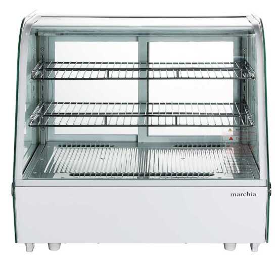 Marchia MDC121-W 28" White Countertop Refrigerated Bakery Display Case with curved glass and LED lighting. Features a sleek white design for showcasing and keeping baked goods cool and well-lit.