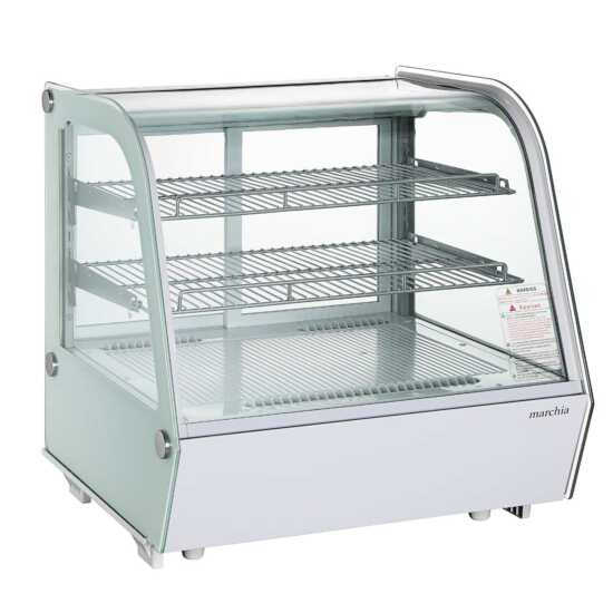 Marchia MDC121-W 28" White Countertop Refrigerated Bakery Display Case with curved glass and LED lighting. Features a sleek white design for showcasing and keeping baked goods cool and well-lit.