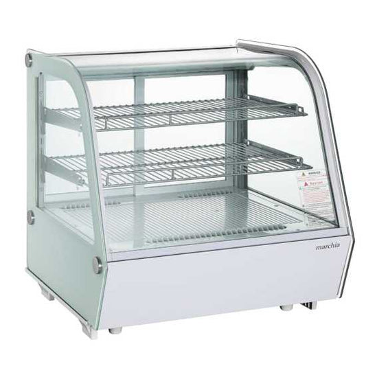 Marchia MDC121-W 28" White Countertop Refrigerated Bakery Display Case with curved glass and LED lighting. Features a sleek white design for showcasing and keeping baked goods cool and well-lit.