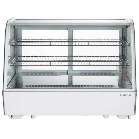 Marchia MDC161-W 36" White Countertop Refrigerated Bakery Display Case with curved glass and LED lighting. Features a sleek white design with ample space for cooling and displaying baked goods.