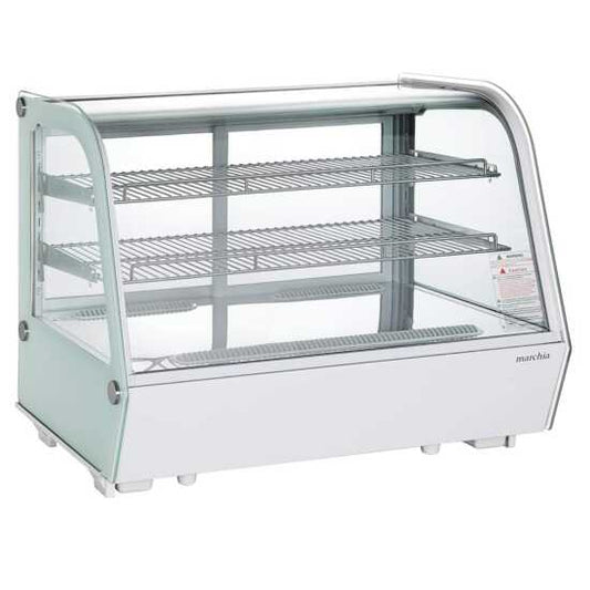 Marchia MDC161-W 36" White Countertop Refrigerated Bakery Display Case with curved glass and LED lighting. Features a sleek white design with ample space for cooling and displaying baked goods.