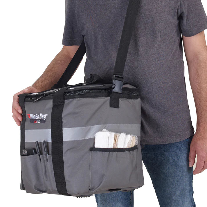(Small 6/Pack, Medium 6/Pack, Large 4/Pack, X-Large 4/Pack) Premium Catering Bag is ideal for pizza boxes, food pans, and more. It will maintain the temperature for up to 45 minutes maximizing the delivery range. This catering bag features a transport strap made for a bike or scooter. The built-in rubber feet are great for long-lasting durability. Multiple heavy-duty carry straps are attached to stabilize the deliveries.