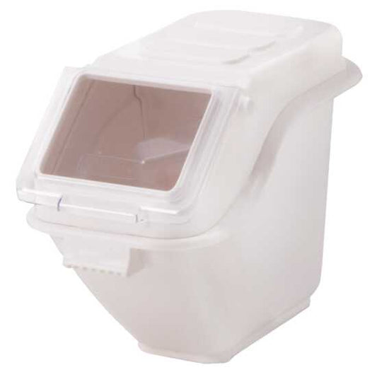 The Prepline 6-gallon Shelf Ingredient Bin, with a 133-cup capacity and a secure lid, is perfect for storing bulk ingredients such as flour, sugar, or grains in commercial kitchens and restaurants.