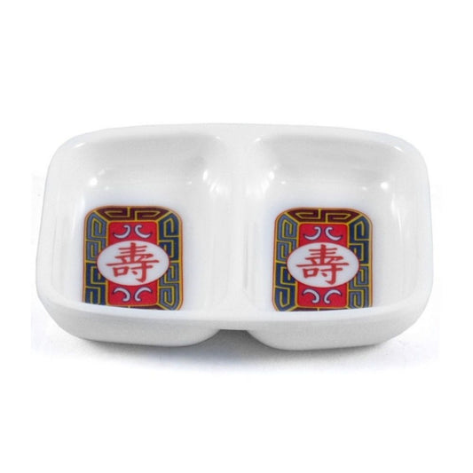Yanco Double Sauce Dish LG-1102 A perfect solution to serve sauces, dips, spices, and herbs that accompany the oriental dishes in your food-serving establishment. Thanks to the high-quality, reliable and affordable melamine material, these sauce dishes can With stand the heavy commercial use. While looking like they are handmade ceramics such dishes won't chip, break, or stain. The Longevity collection is performed in Asian style, that will perfectly fit most of the establishments' designs.