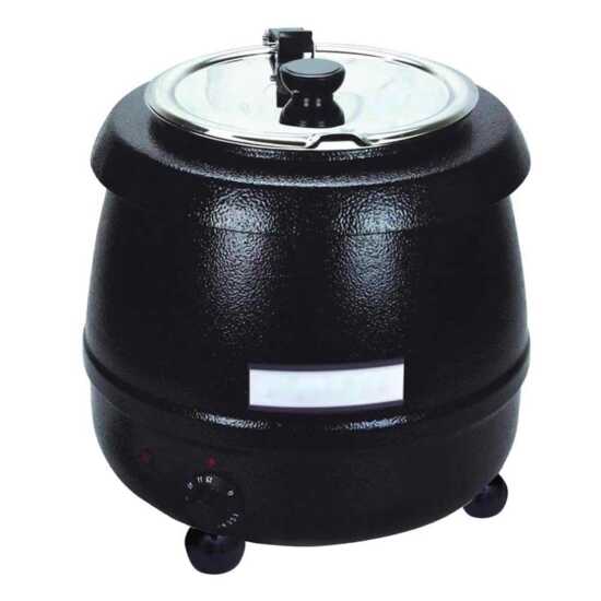 Prepline PSB6000-B black commercial soup kettle with a 10-liter capacity, designed to maintain soups, stews, and sauces at ideal serving temperatures for restaurants, buffets, and catering services.