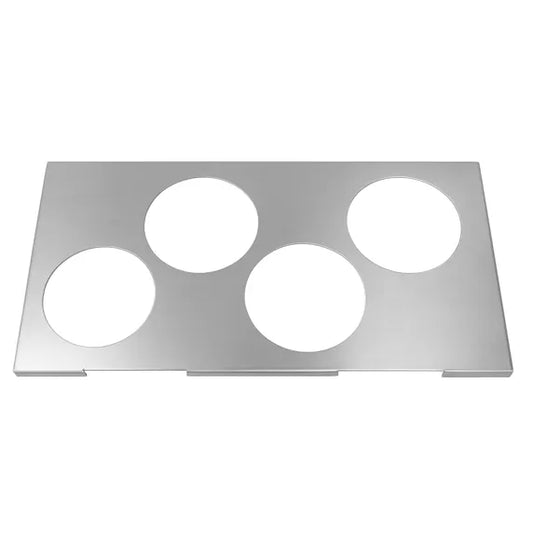 Prepline four hole stainless steel squeeze bottle holder designed to fit 1/3 size pans for organized condiment and sauce storage in commercial kitchens. Durable stainless steel construction offers easy cleaning and long-lasting use, ideal for restaurants, food prep stations, sandwich shops, catering, and busy kitchen setups.