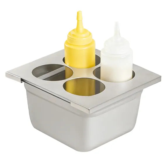 Prepline four hole stainless steel squeeze bottle holder designed for 1/6 size pans, providing organized condiment and sauce storage in commercial kitchens. Durable stainless steel construction ensures easy cleaning and long-lasting performance, ideal for restaurants, sandwich shops, catering stations, food prep areas, and busy kitchen operations.