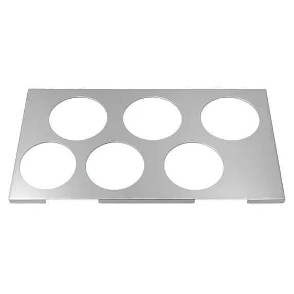 Prepline six hole stainless steel squeeze bottle holder designed for 1/3 size pans, providing organized storage for sauces and condiments in commercial kitchens. Durable stainless steel construction ensures easy cleaning and long-lasting performance, ideal for restaurants, sandwich shops, catering stations, food prep areas, and busy kitchen operations.