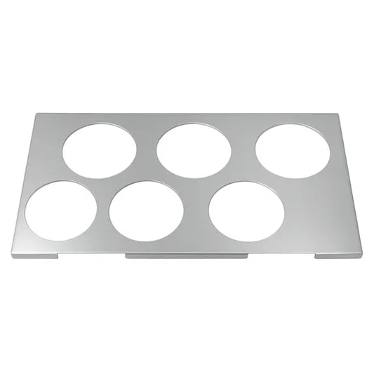Prepline six hole stainless steel squeeze bottle holder designed for 1/3 size pans, providing organized storage for sauces and condiments in commercial kitchens. Durable stainless steel construction ensures easy cleaning and long-lasting performance, ideal for restaurants, sandwich shops, catering stations, food prep areas, and busy kitchen operations.