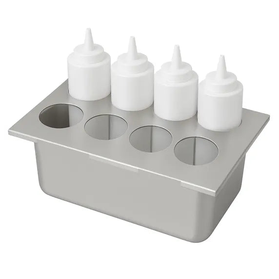 Prepline eight hole stainless steel squeeze bottle holder designed for 1/3 size pans, offering organized storage for sauces and condiments in commercial kitchens. Durable stainless steel construction provides easy cleaning and long-lasting use, perfect for restaurants, sandwich shops, catering stations, food prep areas, and busy kitchen operations.