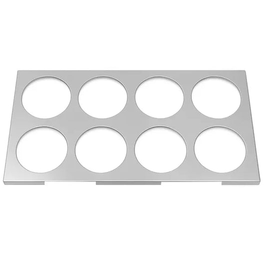 Prepline eight hole stainless steel squeeze bottle holder designed for 1/3 size pans, offering organized storage for sauces and condiments in commercial kitchens. Durable stainless steel construction provides easy cleaning and long-lasting use, perfect for restaurants, sandwich shops, catering stations, food prep areas, and busy kitchen operations.