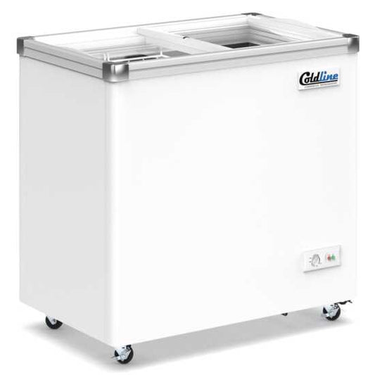 A Coldline SD34 34" Glass Top Ice Cream Freezer, 7 cu. ft., ideal for displaying and storing frozen desserts. Features a sleek glass top for easy viewing and access to ice cream and frozen treats.