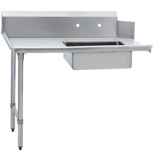 Prepline PSDT-48L 30"D x 48"L left side soiled dishtable with pre-rinse bowl is an essential component for efficient dishwashing in commercial kitchens. NSF-listed for compliance with health standards, this dishtable boasts durable stainless steel construction that resists rust and corrosion. The left-side configuration includes a pre-rinse bowl, facilitating the easy removal of food debris before washing. This design enhances workflow efficiency and organization, optimizing the dishwashing process in busy 