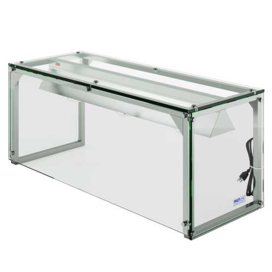 Prepline PSG-LT-48 48" Glass Sneeze Guard with Lamp Bulb for Steam Tables, designed to shield food from contaminants while providing warmth and enhancing visibility. Ideal for buffets and food service settings.