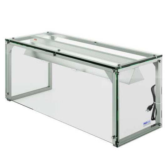 Prepline PSG-LT-48 48" Glass Sneeze Guard with Lamp Bulb for Steam Tables, designed to shield food from contaminants while providing warmth and enhancing visibility. Ideal for buffets and food service settings.