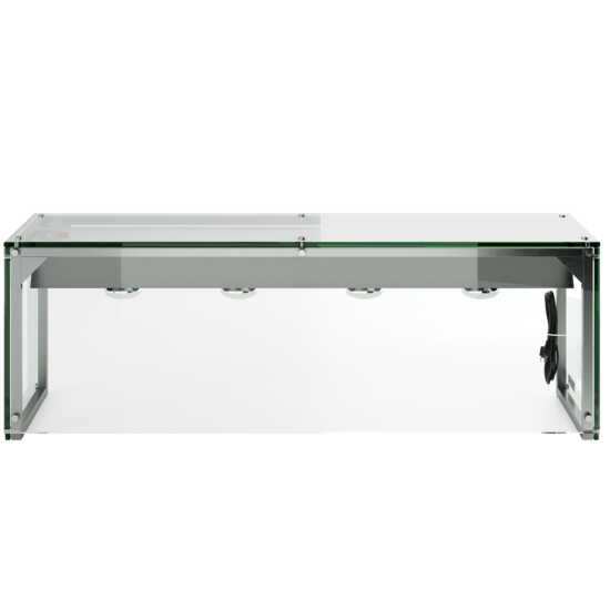 Prepline PSG-LT-60 60" Glass Sneeze Guard with Lamp Bulb for Steam Tables, designed to protect food from airborne contaminants while providing warmth and enhancing visibility. Perfect for buffets and food service areas.
