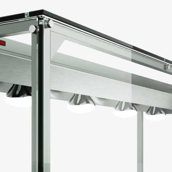 Prepline PSG-LT-60 60" Glass Sneeze Guard with Lamp Bulb for Steam Tables, designed to protect food from airborne contaminants while providing warmth and enhancing visibility. Perfect for buffets and food service areas.