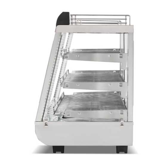 Marchia SHCC186 48" stainless steel heated countertop display with front and rear doors, designed to keep large quantities of hot foods warm and accessible, ideal for high-demand areas in cafés, delis, and food service venues.