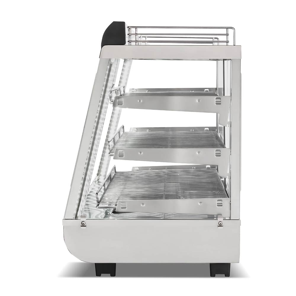 Marchia SHCC76 14" stainless steel heated countertop display with front and rear doors, designed to keep hot food items warm and easily accessible, ideal for cafés, delis, and food service venues.