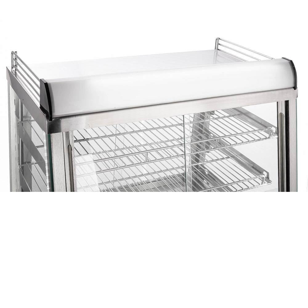 Marchia SHCC136 36" stainless steel heated countertop display with front and rear doors, designed to keep hot foods warm and easily accessible, ideal for high-traffic areas in cafés, delis, and stores.