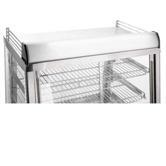 Marchia SHCC186 48" stainless steel heated countertop display with front and rear doors, designed to keep large quantities of hot foods warm and accessible, ideal for high-demand areas in cafés, delis, and food service venues.