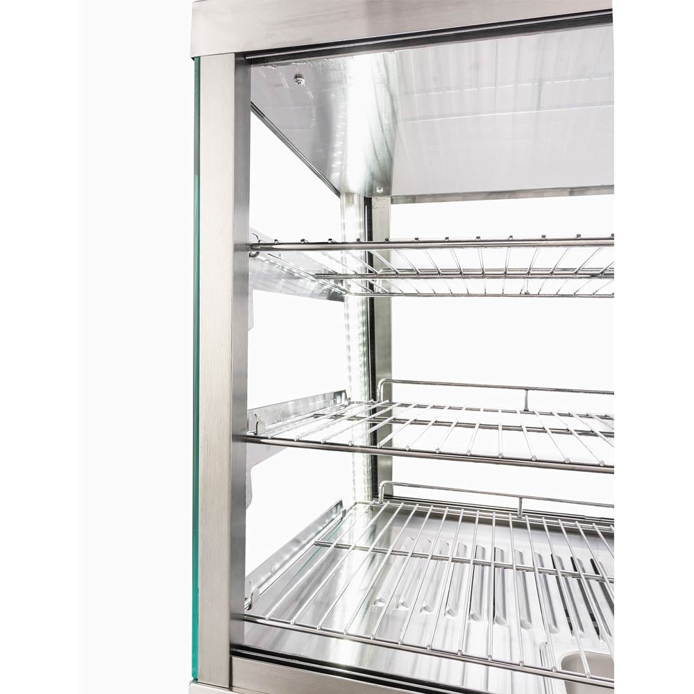 Marchia SHCC76 14" stainless steel heated countertop display with front and rear doors, designed to keep hot food items warm and easily accessible, ideal for cafés, delis, and food service venues.