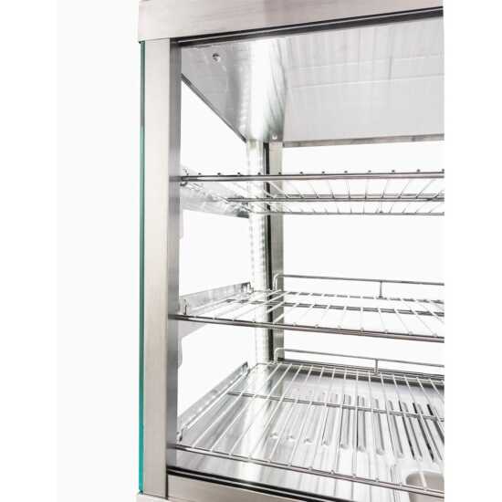 Marchia SHCC186 48" stainless steel heated countertop display with front and rear doors, designed to keep large quantities of hot foods warm and accessible, ideal for high-demand areas in cafés, delis, and food service venues.