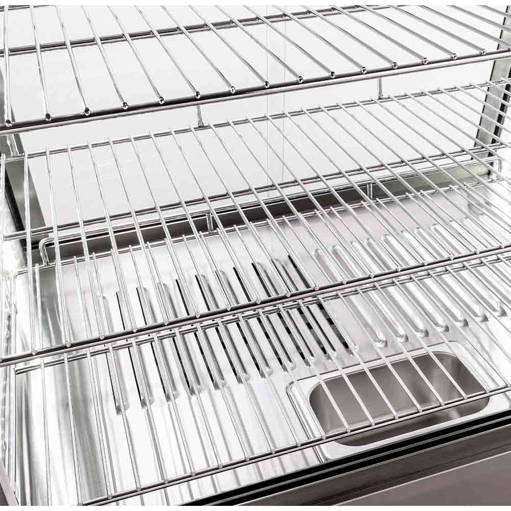 Marchia SHCC76 14" stainless steel heated countertop display with front and rear doors, designed to keep hot food items warm and easily accessible, ideal for cafés, delis, and food service venues.