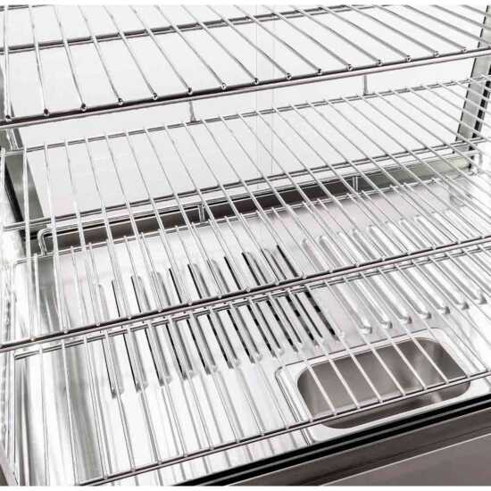 Marchia SHCC186 48" stainless steel heated countertop display with front and rear doors, designed to keep large quantities of hot foods warm and accessible, ideal for high-demand areas in cafés, delis, and food service venues.