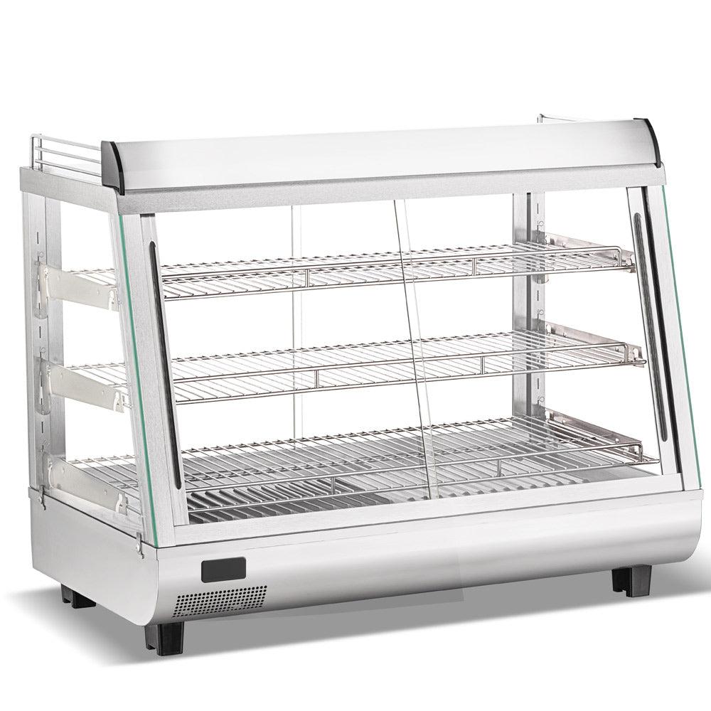Marchia SHCC136 36" stainless steel heated countertop display with front and rear doors, designed to keep hot foods warm and easily accessible, ideal for high-traffic areas in cafés, delis, and stores.