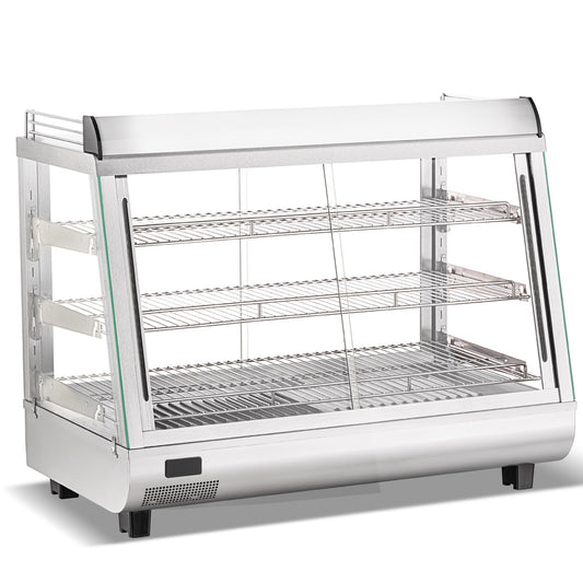 Marchia SHCC136 36" stainless steel heated countertop display with front and rear doors, designed to keep hot foods warm and easily accessible, ideal for high-traffic areas in cafés, delis, and stores.