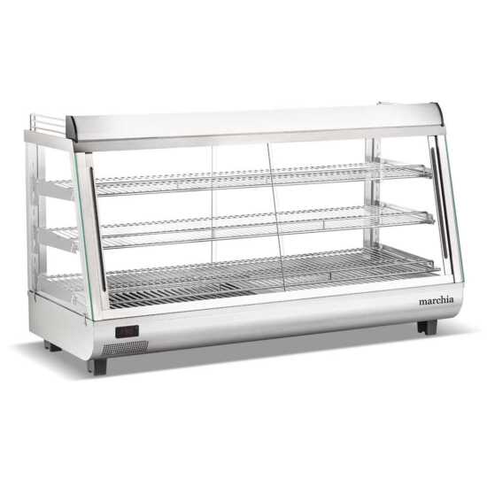 Marchia SHCC186 48" stainless steel heated countertop display with front and rear doors, designed to keep large quantities of hot foods warm and accessible, ideal for high-demand areas in cafés, delis, and food service venues.