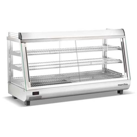 Marchia SHCC186 48" stainless steel heated countertop display with front and rear doors, designed to keep large quantities of hot foods warm and accessible, ideal for high-demand areas in cafés, delis, and food service venues.