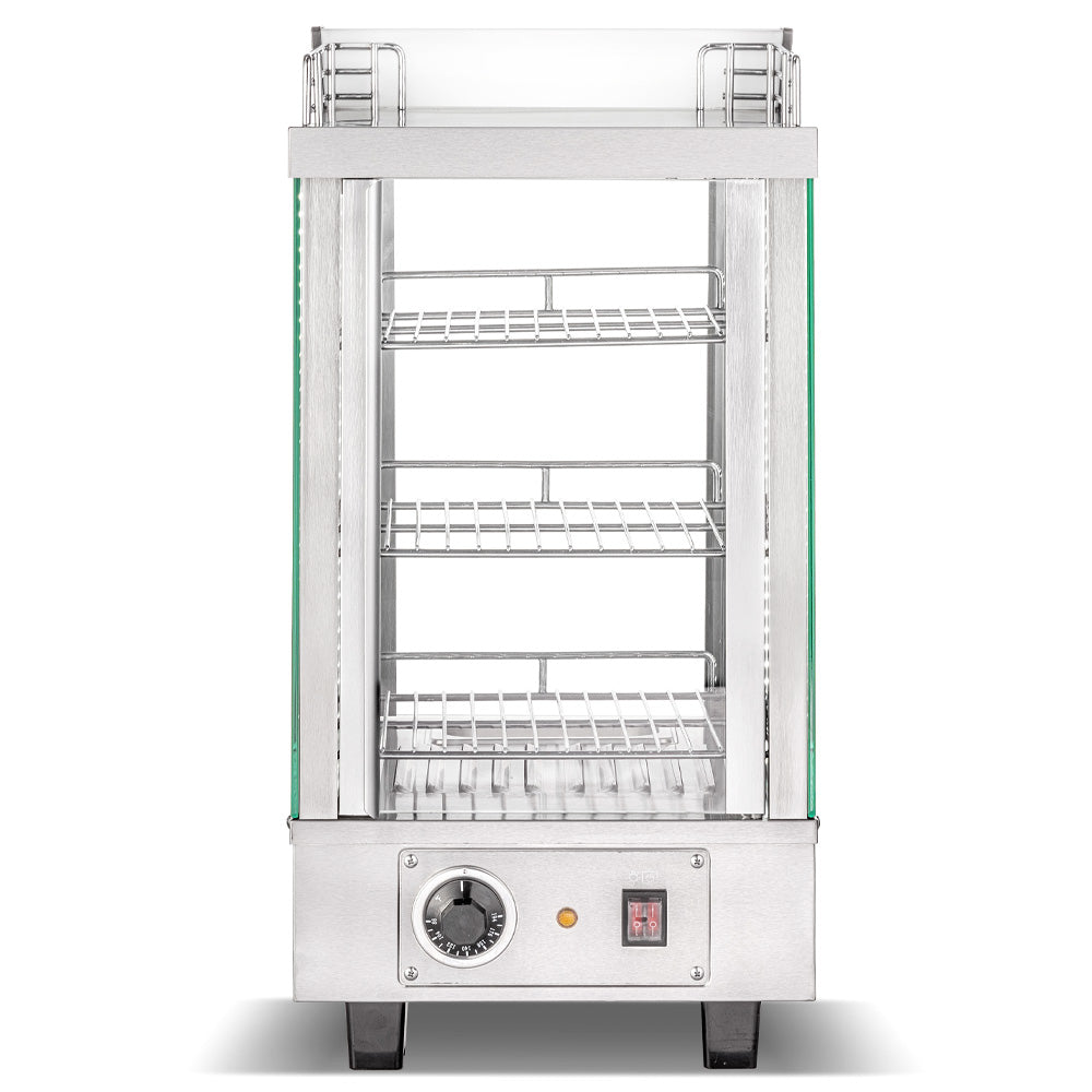 Marchia SHCC76 14" stainless steel heated countertop display with front and rear doors, designed to keep hot food items warm and easily accessible, ideal for cafés, delis, and food service venues.