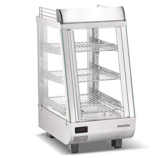 Marchia SHCC76 14" stainless steel heated countertop display with front and rear doors, designed to keep hot food items warm and easily accessible, ideal for cafés, delis, and food service venues.
