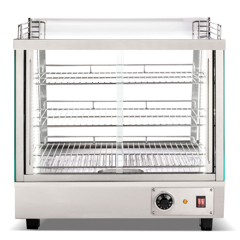 Marchia SHCC136 36" stainless steel heated countertop display with front and rear doors, designed to keep hot foods warm and easily accessible, ideal for high-traffic areas in cafés, delis, and stores.