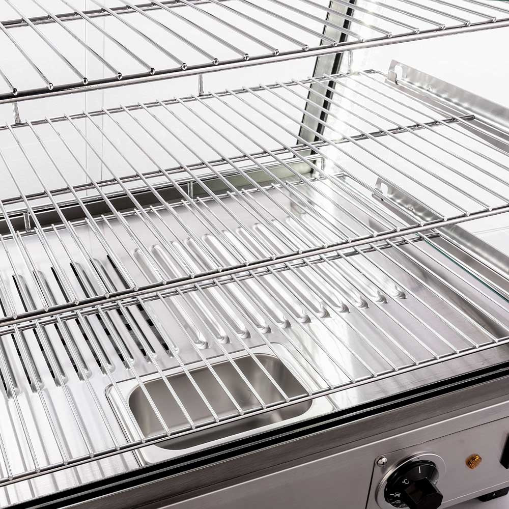 Marchia SHCC136 36" stainless steel heated countertop display with front and rear doors, designed to keep hot foods warm and easily accessible, ideal for high-traffic areas in cafés, delis, and stores.