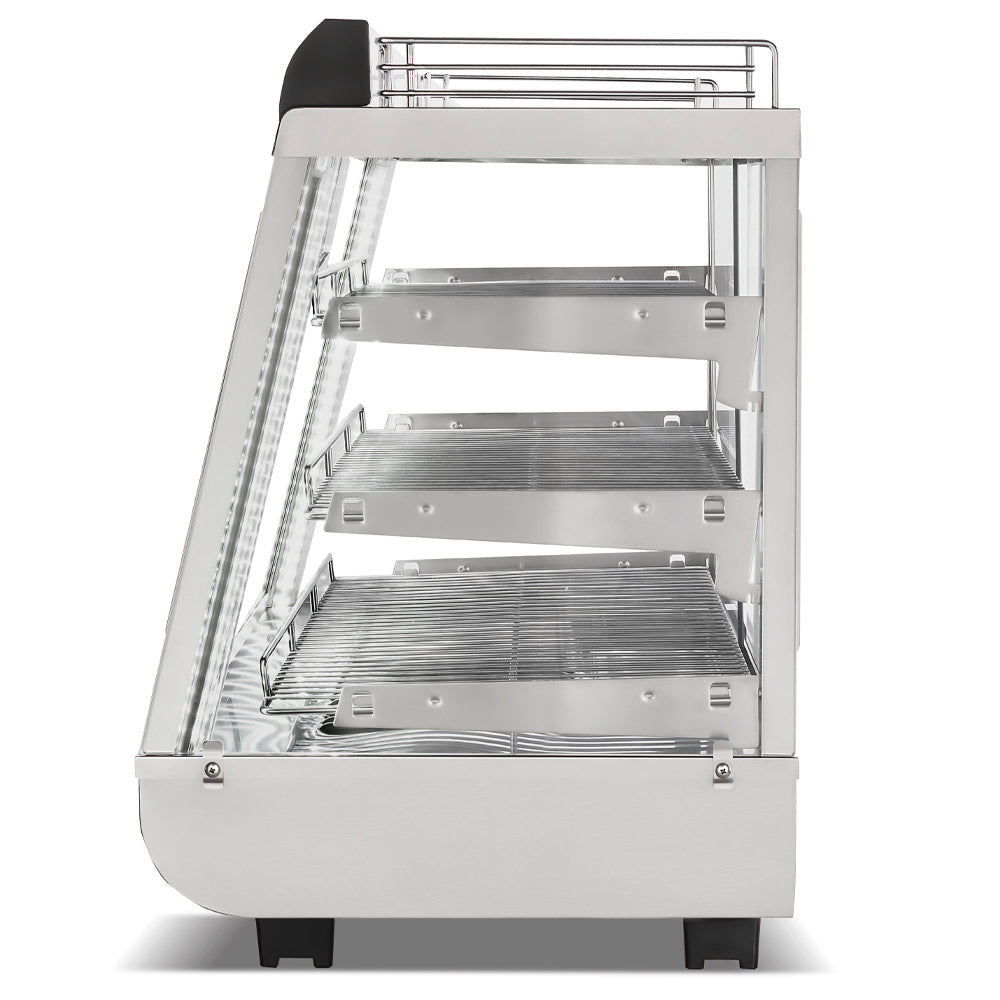 Marchia SHCC136 36" stainless steel heated countertop display with front and rear doors, designed to keep hot foods warm and easily accessible, ideal for high-traffic areas in cafés, delis, and stores.