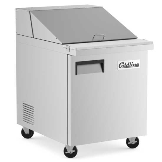 Coldline SMP27 27-inch mega top refrigerated sandwich prep table with cutting board and food pans. Perfect for busy kitchens to store ingredients, keep them fresh, and prepare sandwiches efficiently.