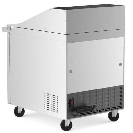 Coldline SMP27 27-inch mega top refrigerated sandwich prep table with cutting board and food pans. Perfect for busy kitchens to store ingredients, keep them fresh, and prepare sandwiches efficiently.