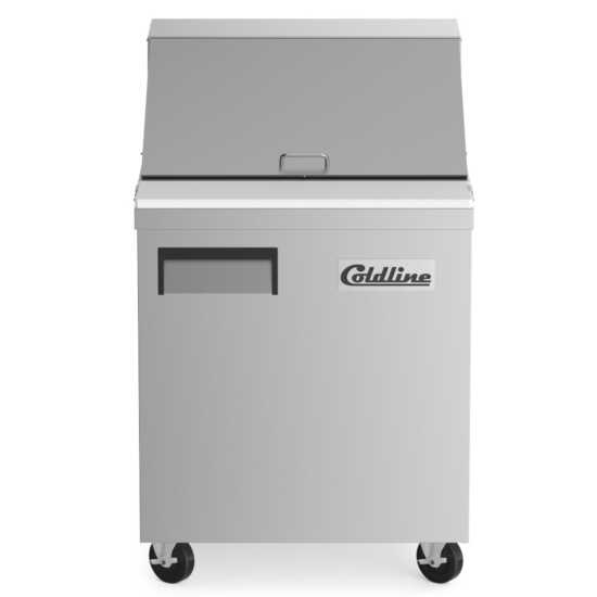 Coldline SMP27 27-inch mega top refrigerated sandwich prep table with cutting board and food pans. Perfect for busy kitchens to store ingredients, keep them fresh, and prepare sandwiches efficiently.