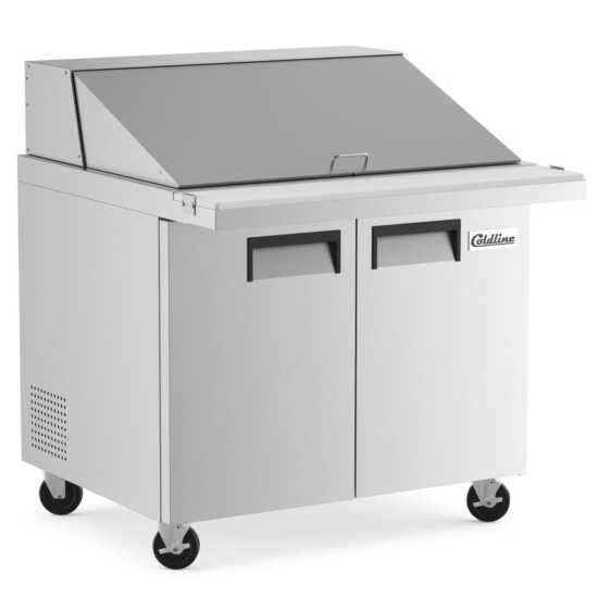 Coldline SMP36 36-inch mega top refrigerated sandwich prep table with cutting board and food pans. Ideal for restaurants to store fresh ingredients and prepare sandwiches with convenience and efficiency.